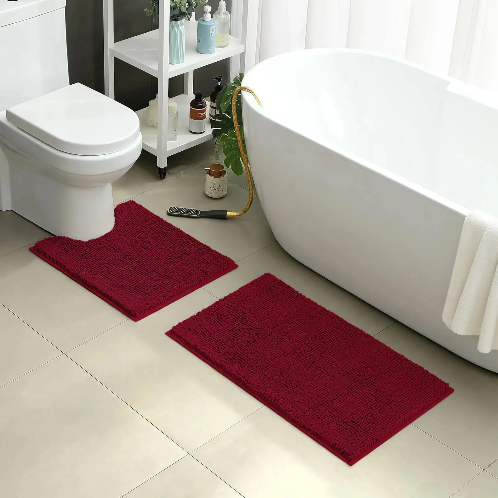 2 PCs Microfiber Anti Slip Commode Mat Set-14642Burgundy