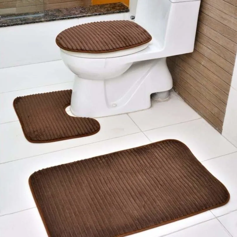 3 PCs Anti Skid Commode Mat Set(2433)-Chocolate brown