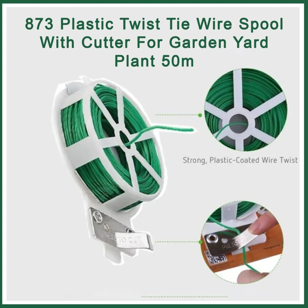 873 Plastic Twist Tie Wire Spool With Cutter For Garden Yard Plant 50m (Green)