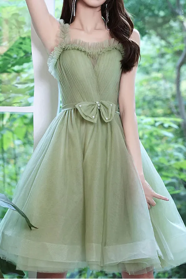 A Line Green Tulle Short Prom Dress with Bowknot, Puffy Homecoming Gown with Detachable Sleeves UQH0190