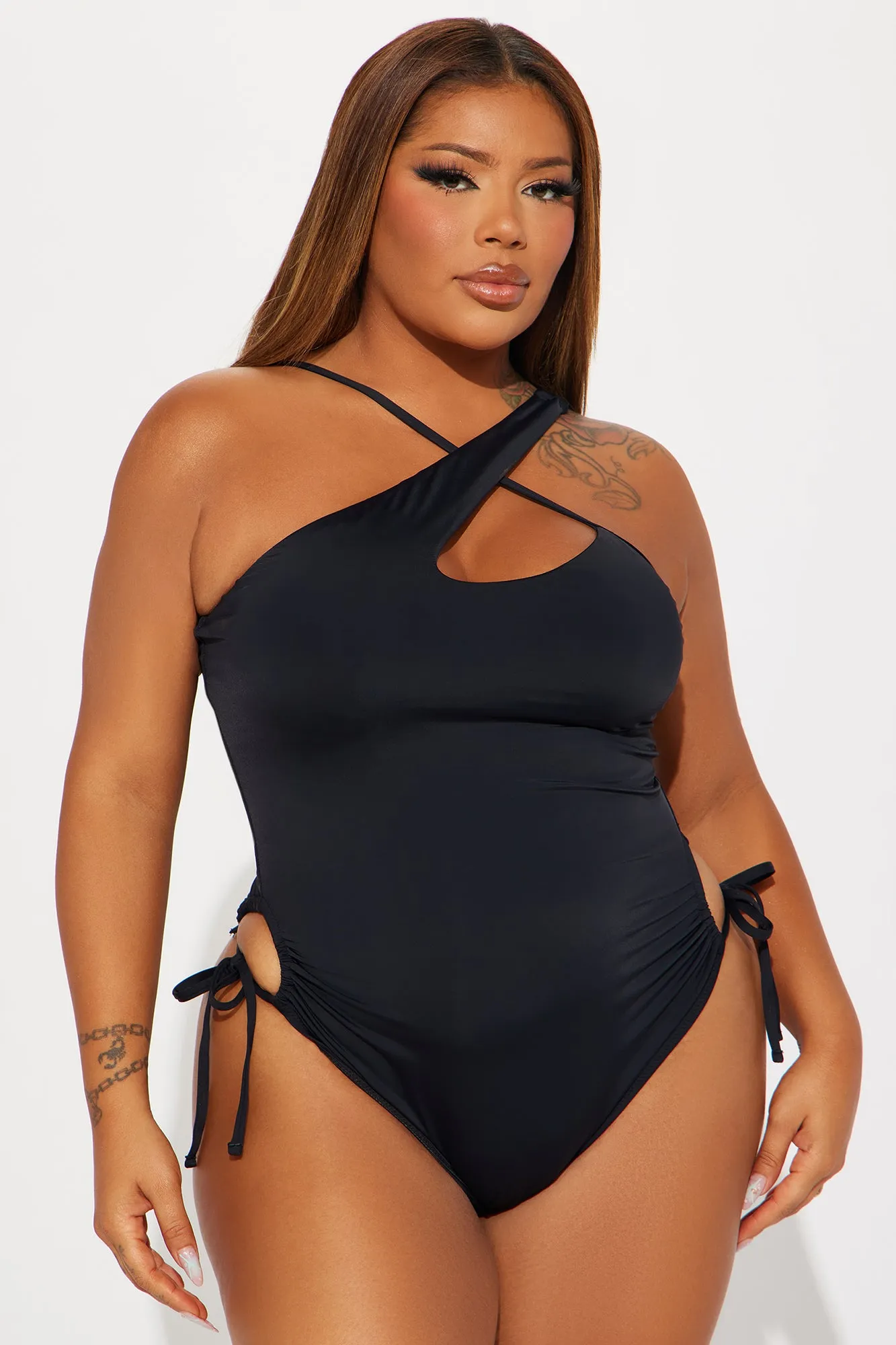 Beachside Coconuts Ruched Asymmetrical 1 Piece Swimsuit - Black