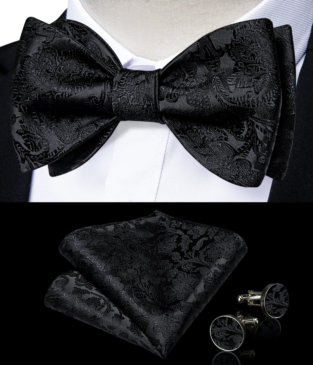 Black Floral Self-Bowtie Pocket Square Cufflinks Set