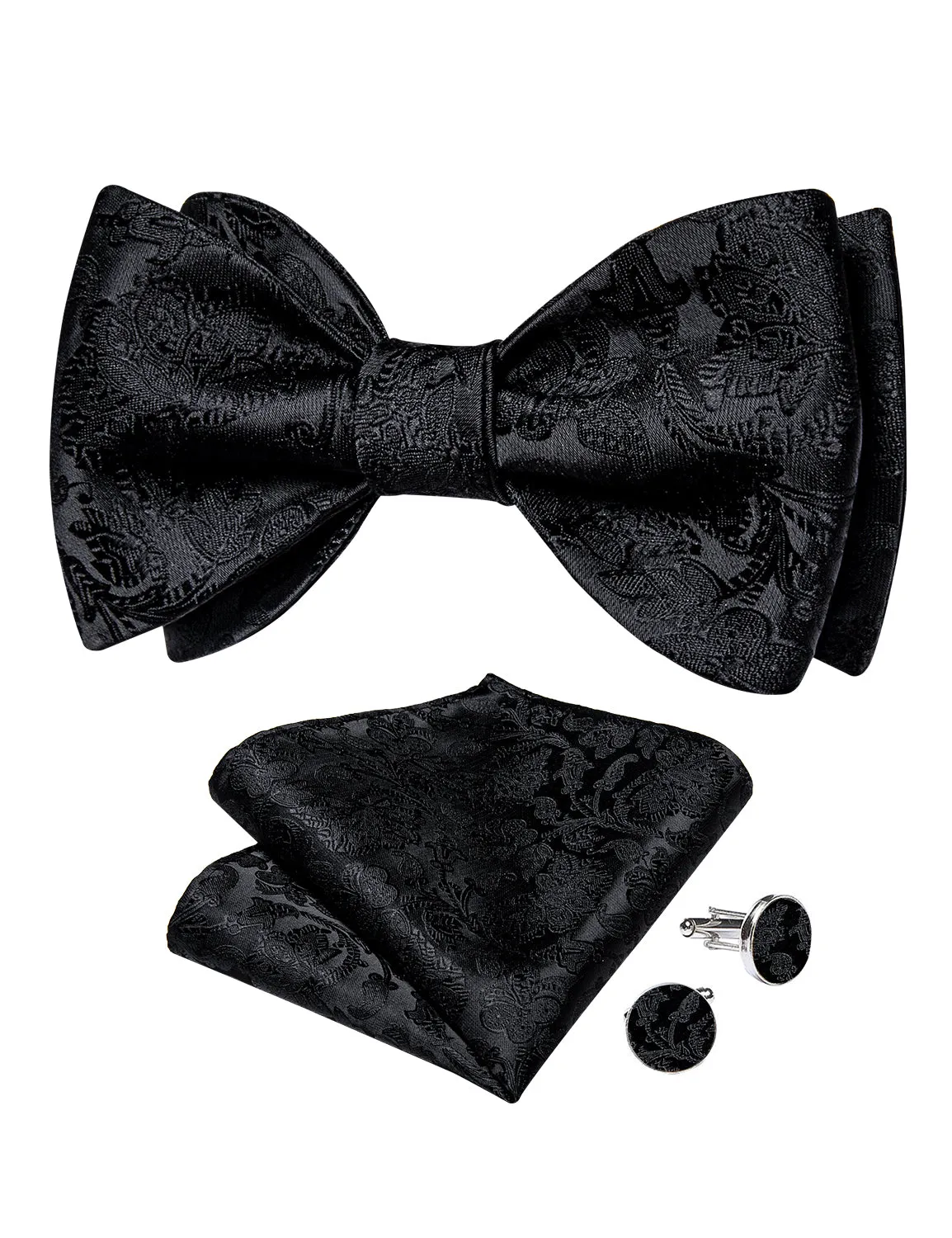 Black Floral Self-Bowtie Pocket Square Cufflinks Set