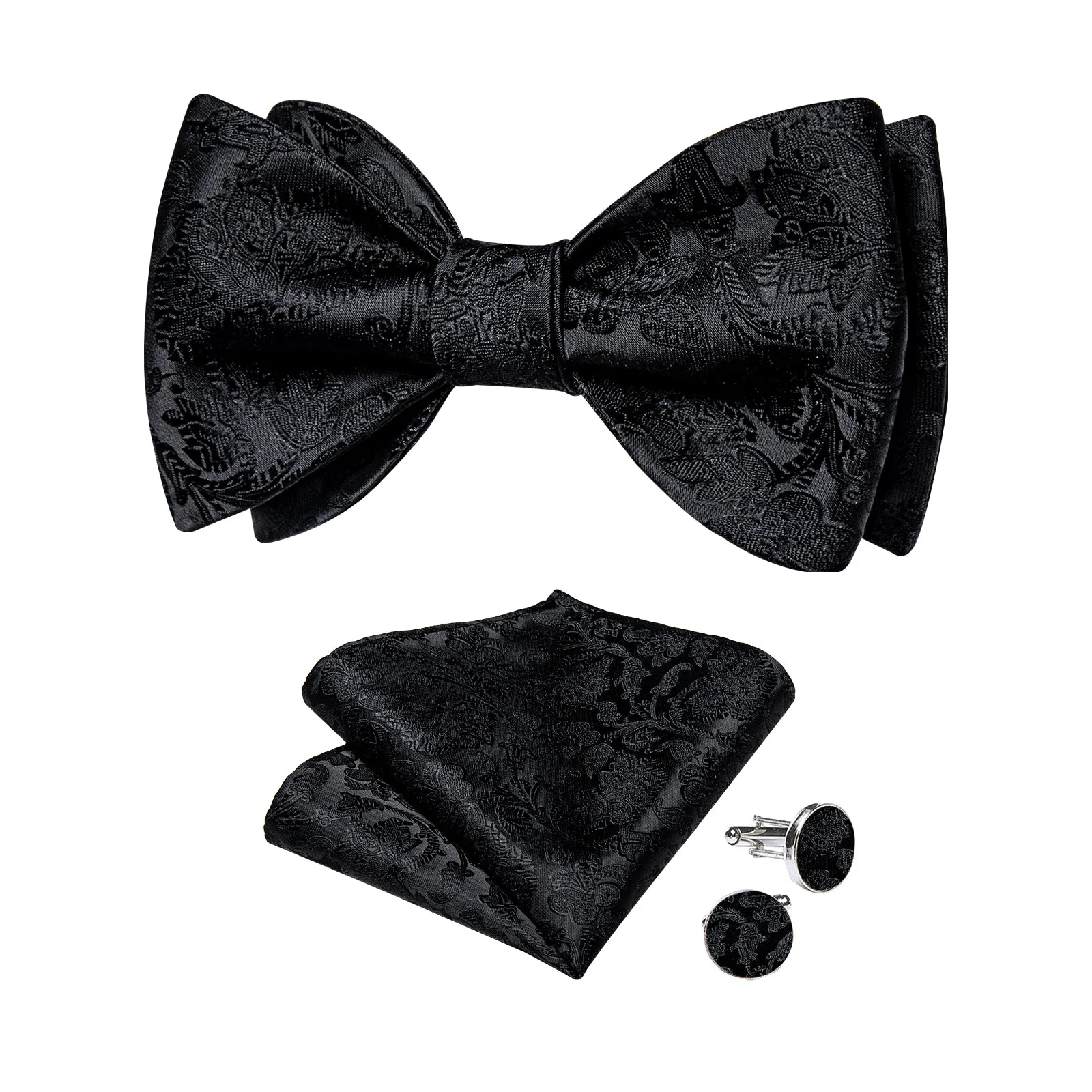 Black Floral Self-Bowtie Pocket Square Cufflinks Set