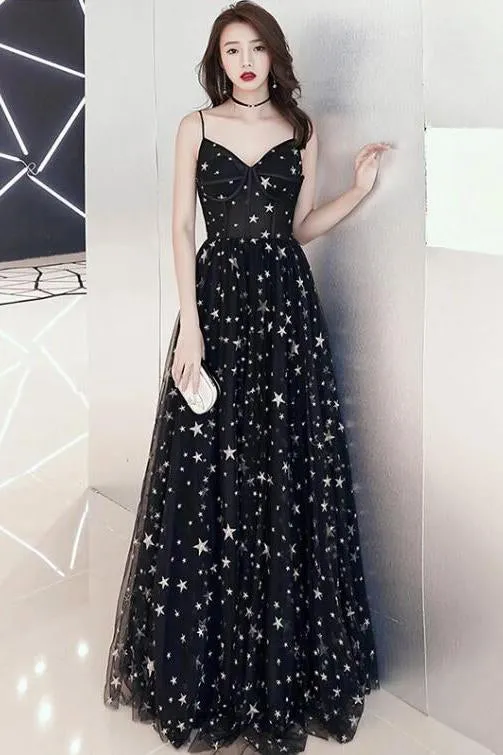 Black Spaghetti Straps Tulle Prom Dress with Stars, Floor Length Long Evening Dress UQ2580