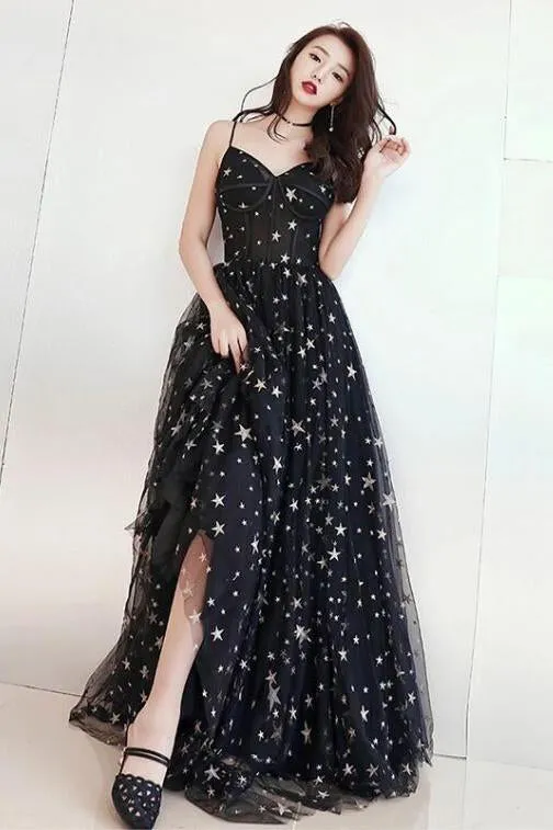 Black Spaghetti Straps Tulle Prom Dress with Stars, Floor Length Long Evening Dress UQ2580