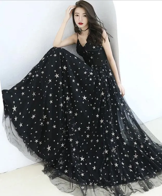 Black Spaghetti Straps Tulle Prom Dress with Stars, Floor Length Long Evening Dress UQ2580