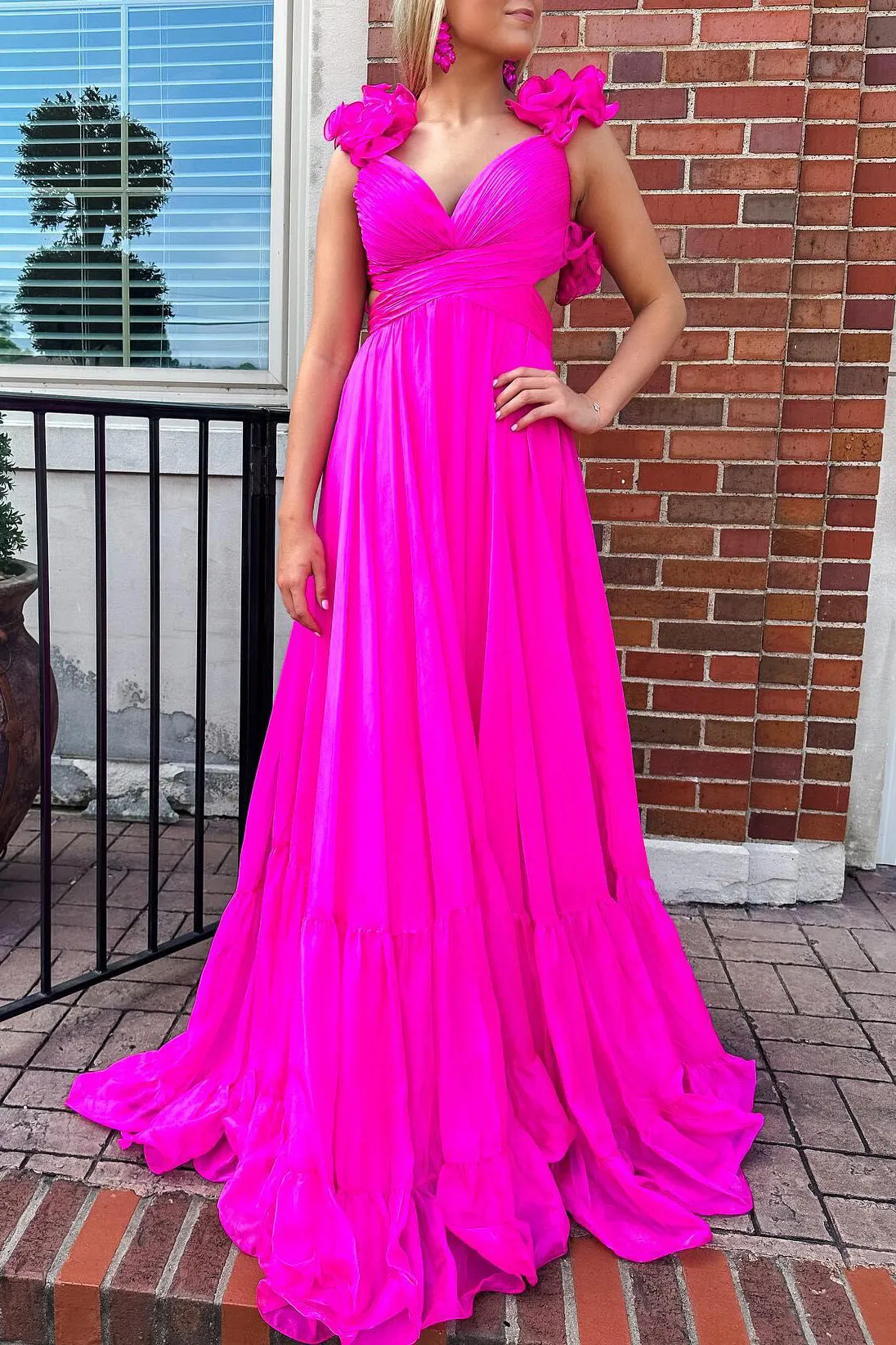 Blue V Neck Sleeveless Long Prom Dress with Ruffles, A Line Formal Gown UQP0303