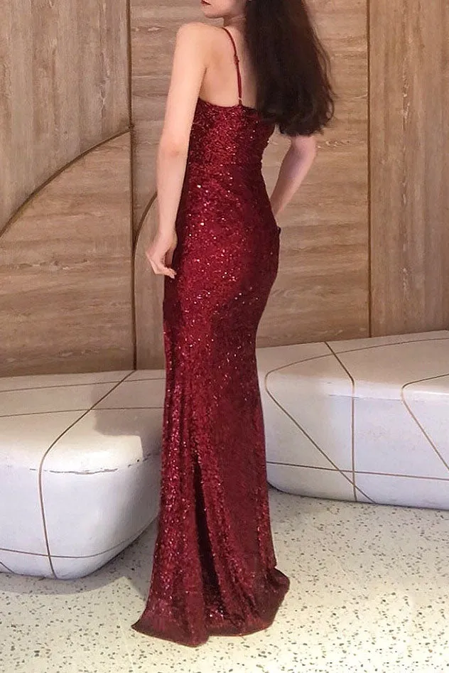 Burgundy Sequined Spaghetti Straps V Neck Prom Gown with Side Slit Sparkly Evening Dress UQP0101