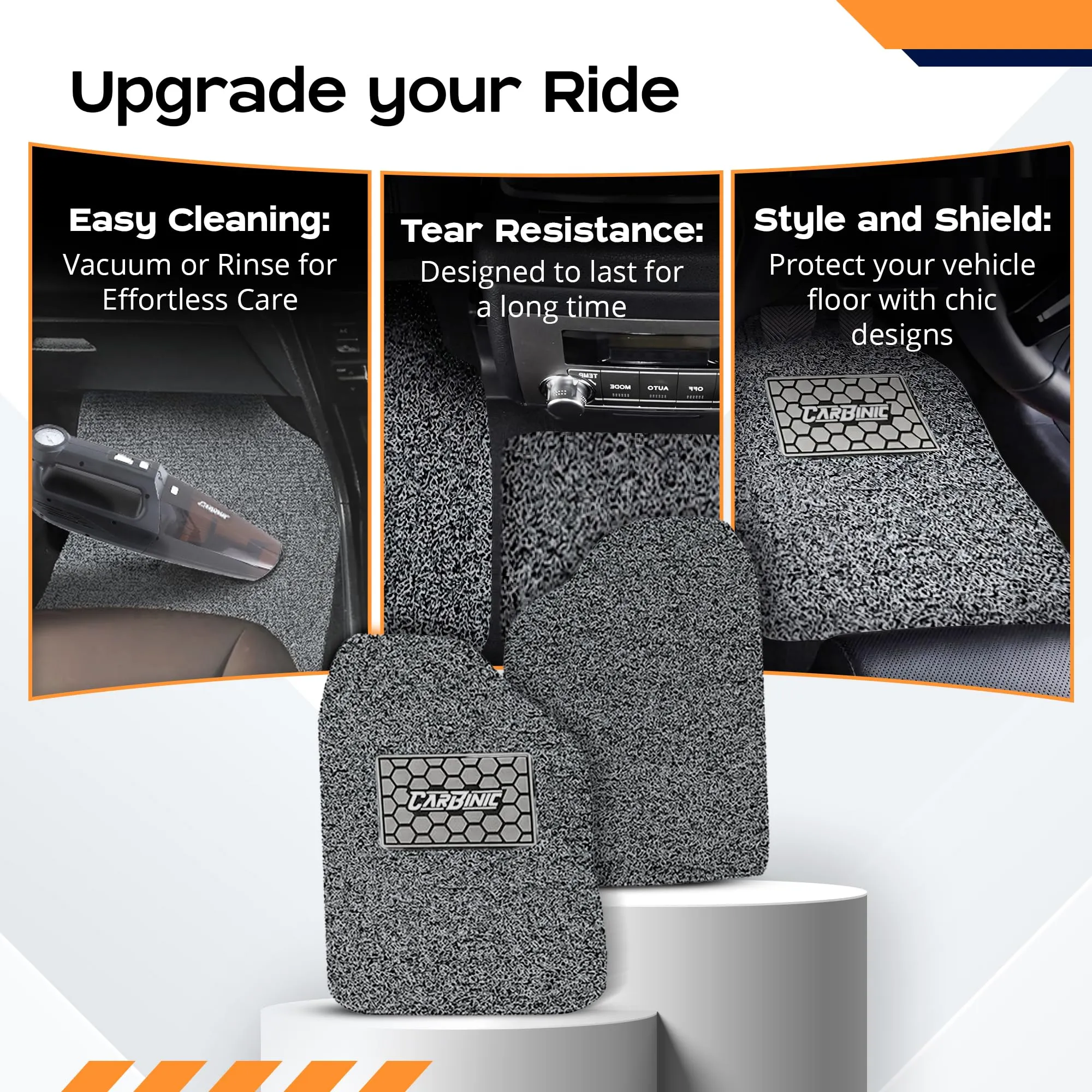 CARBINIC Anti Skid Car Mats - Universal Fit - All Cars | Curly/Noodle Car Floor Mat | All Weather PVC Car Mat | Premium Vinyl Rubber Car Mats | Car Accessories | Set of 5- Grey Black