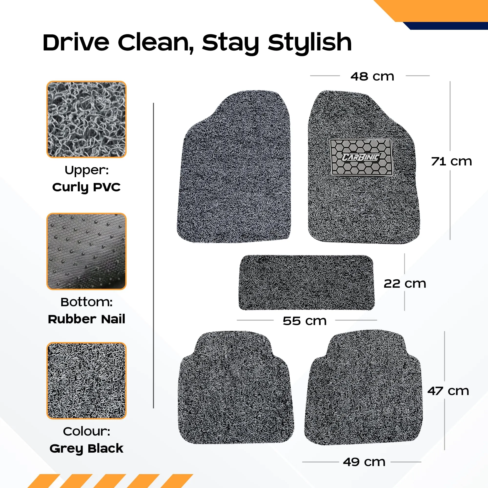 CARBINIC Anti Skid Car Mats - Universal Fit - All Cars | Curly/Noodle Car Floor Mat | All Weather PVC Car Mat | Premium Vinyl Rubber Car Mats | Car Accessories | Set of 5- Grey Black