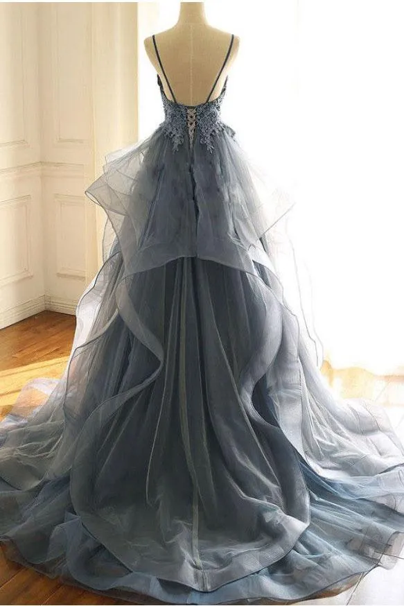 Dark Gray Tulle Prom Dress with Lace Appliques, Spaghetti Straps Sweep Train Party Dress UQ2606