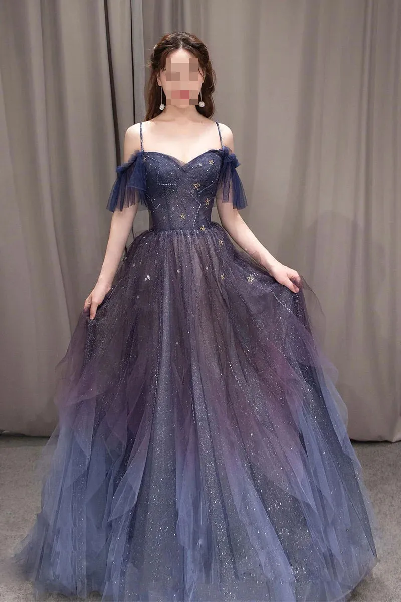 Dark Purple Long Tulle Prom Dress, Spaghetti Straps Floor Length Evening Gown UQP0234