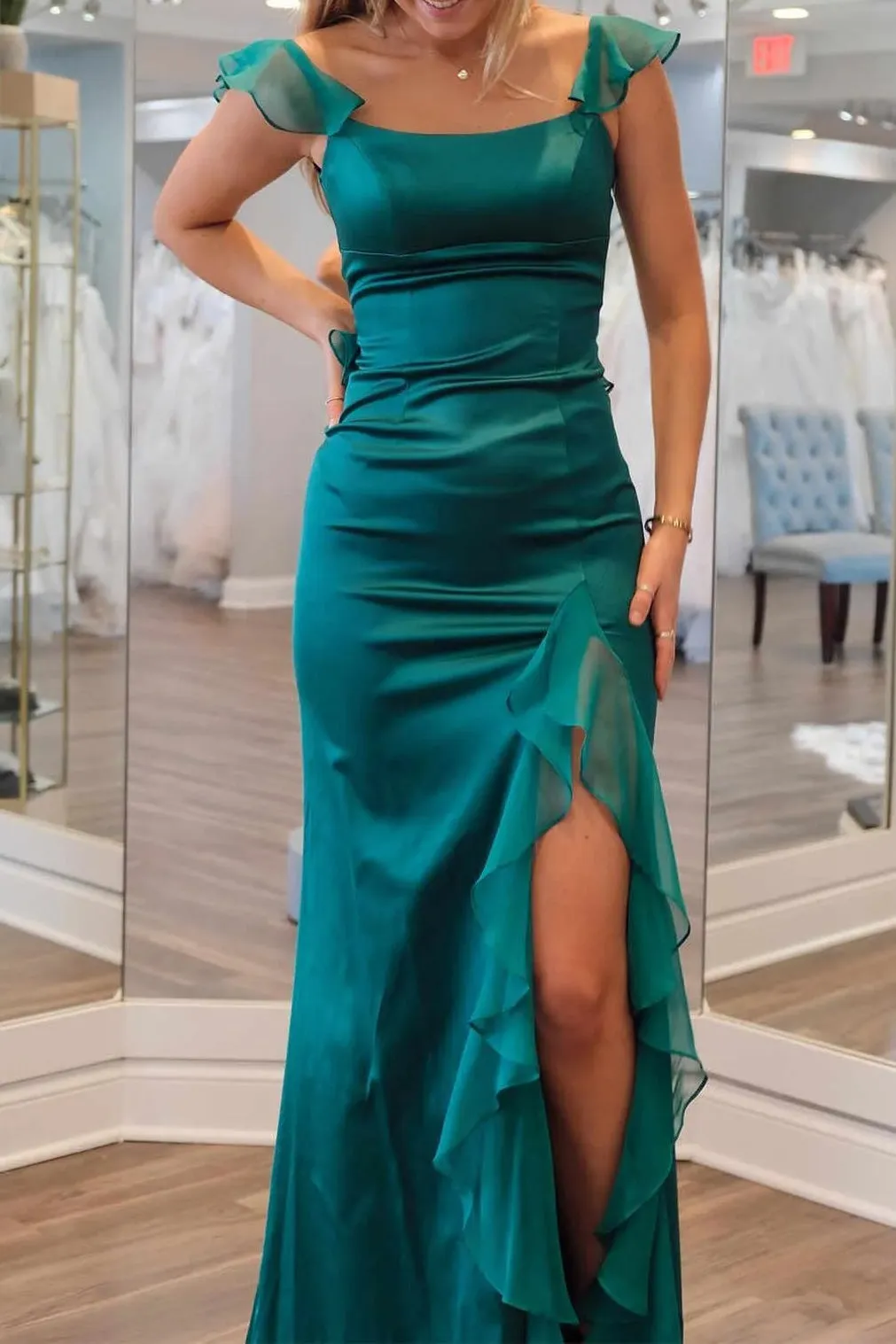 Emerald Green Square Neck Ruffle Slit Prom Dress, Mermaid Chiffon Formal Gown UQP0299