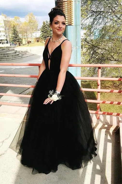 Fashion Spaghetti Straps Black Prom Dresses Floor Length Evening Party Dresses UQ2478