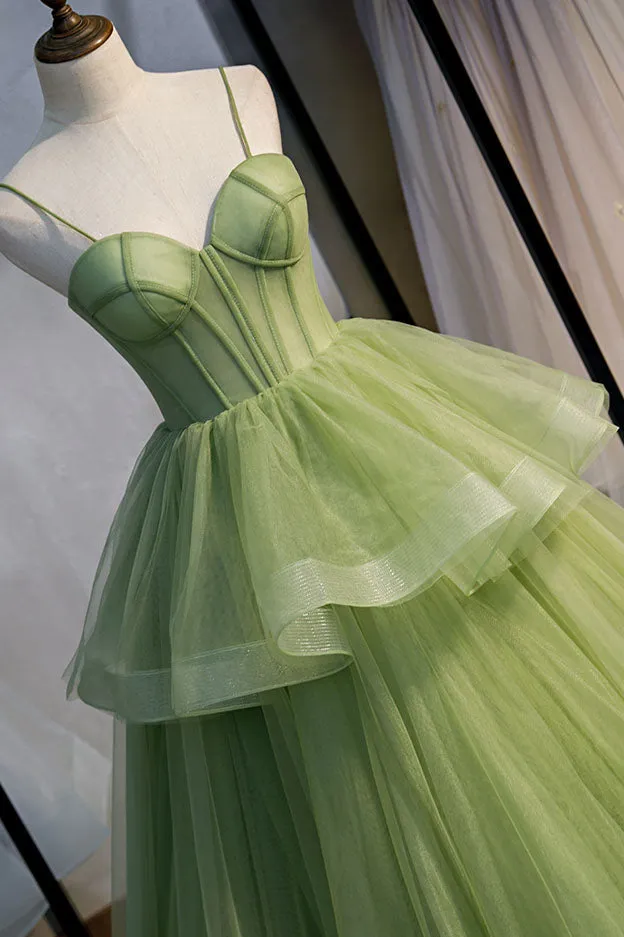 Green Spaghetti Straps New Arrival Prom Gown with Ruffles, Formal Dress Long UQP0078