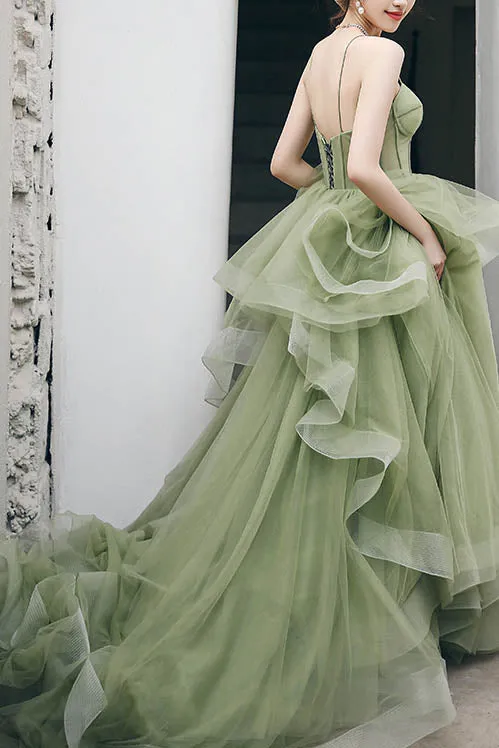 Green Spaghetti Straps New Arrival Prom Gown with Ruffles, Formal Dress Long UQP0078