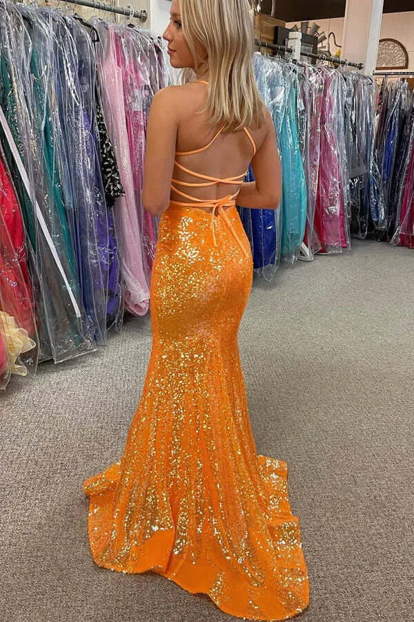 Orange V Neck Sleeveless Mermaid Prom Dress, Shiny Sequin Formal Gown UQP0306