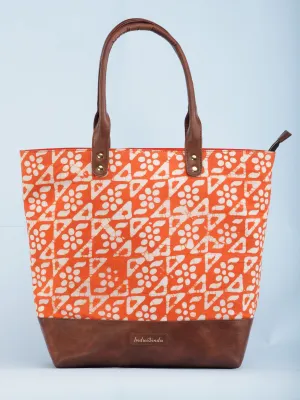 Orange White Hand Block Printed & Vegan Leather Tote Bag - B1003