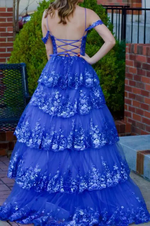 Royal Blue Spaghetti Straps Lace Appliques Long Prom Dress, Puffy Quinceanera Gown UQP0300