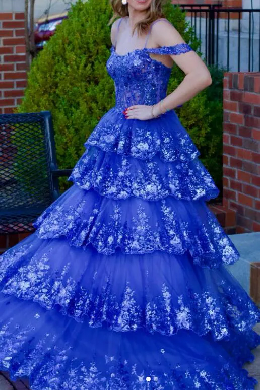 Royal Blue Spaghetti Straps Lace Appliques Long Prom Dress, Puffy Quinceanera Gown UQP0300