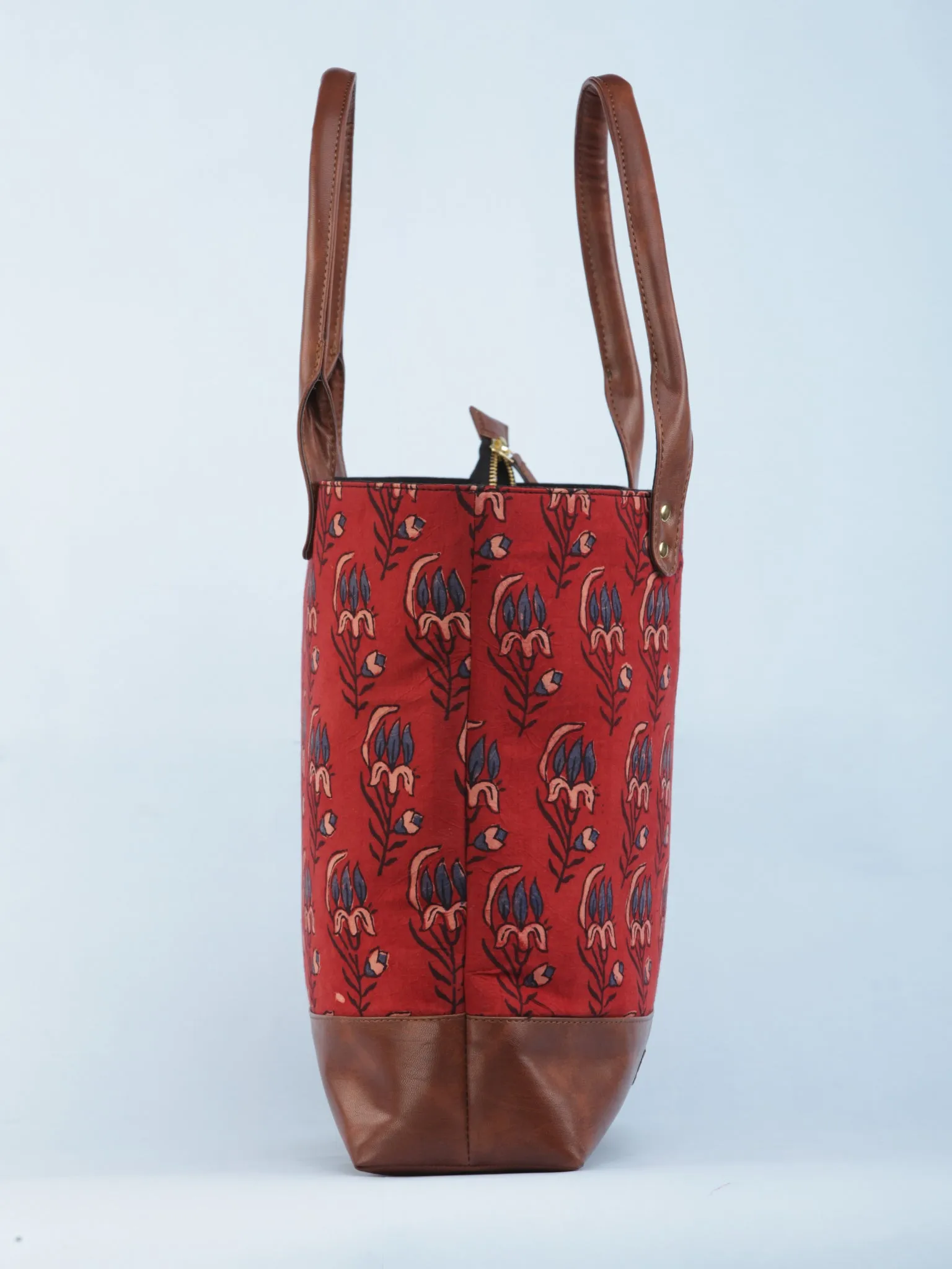 Rust Red Indigo Ajrakh Hand Block Printed & Vegan Leather Tote Bag - B1001