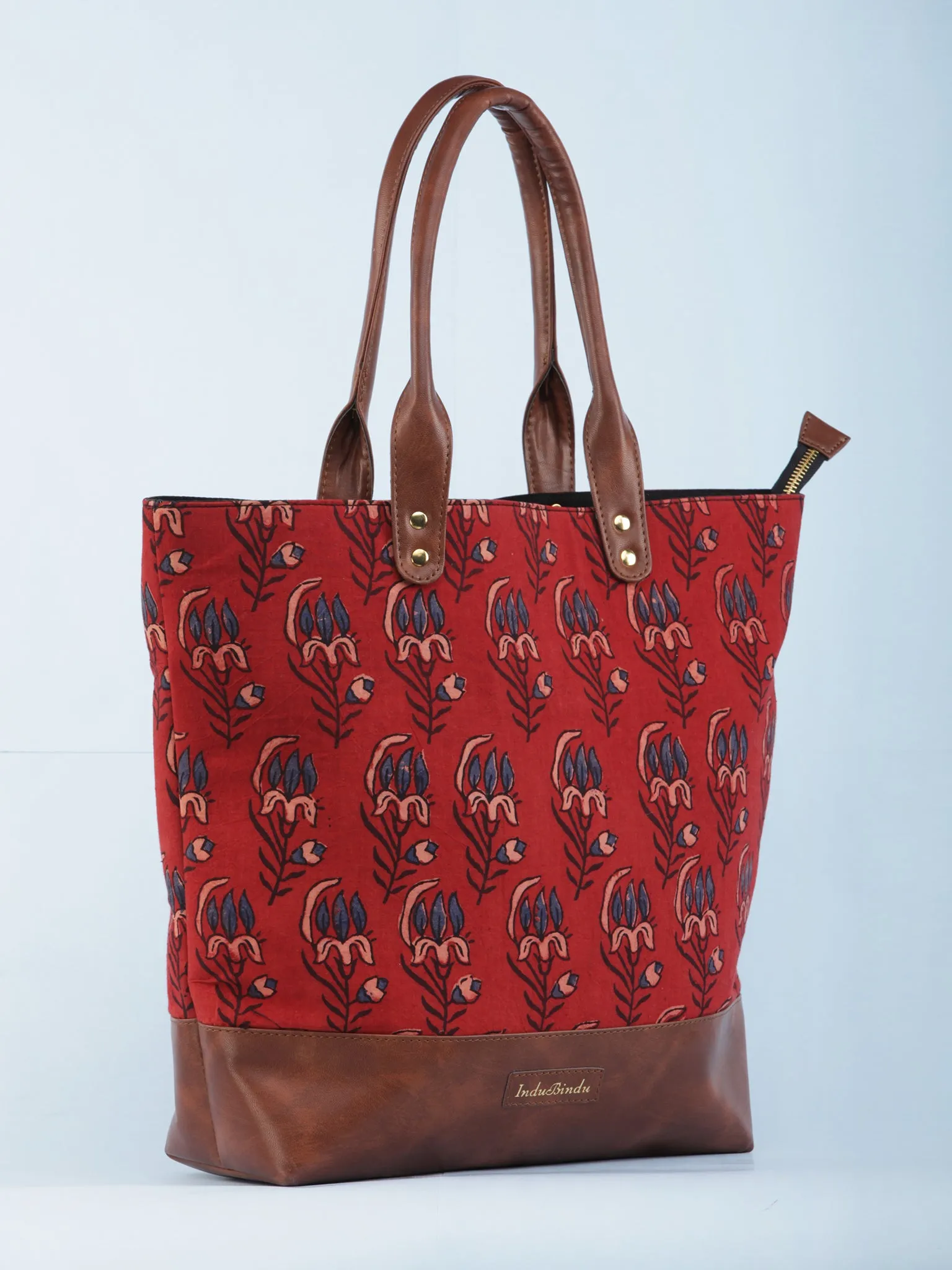 Rust Red Indigo Ajrakh Hand Block Printed & Vegan Leather Tote Bag - B1001