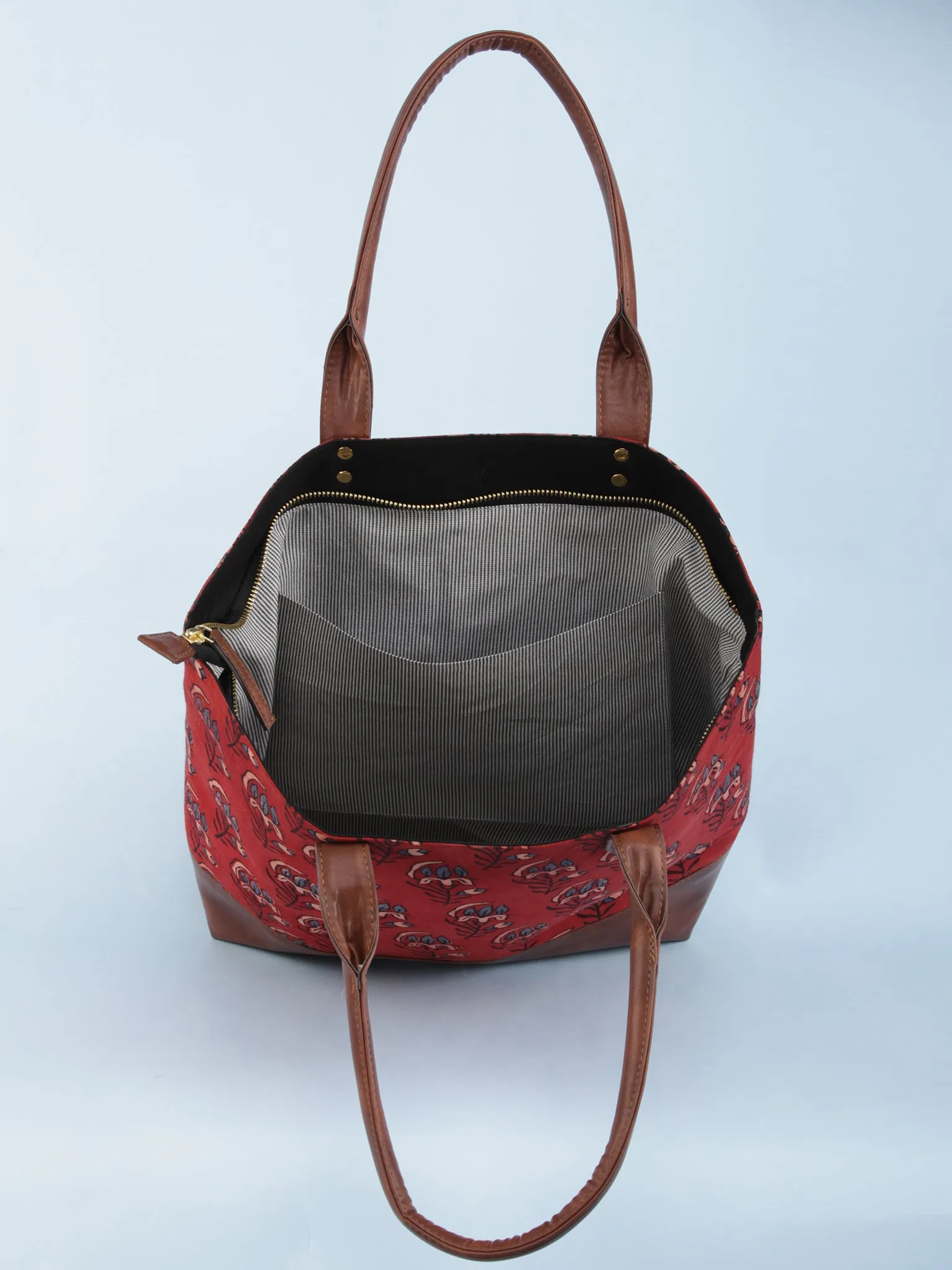 Rust Red Indigo Ajrakh Hand Block Printed & Vegan Leather Tote Bag - B1001