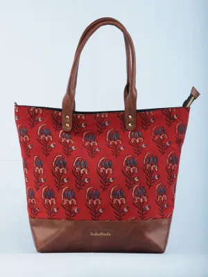 Rust Red Indigo Ajrakh Hand Block Printed & Vegan Leather Tote Bag - B1001