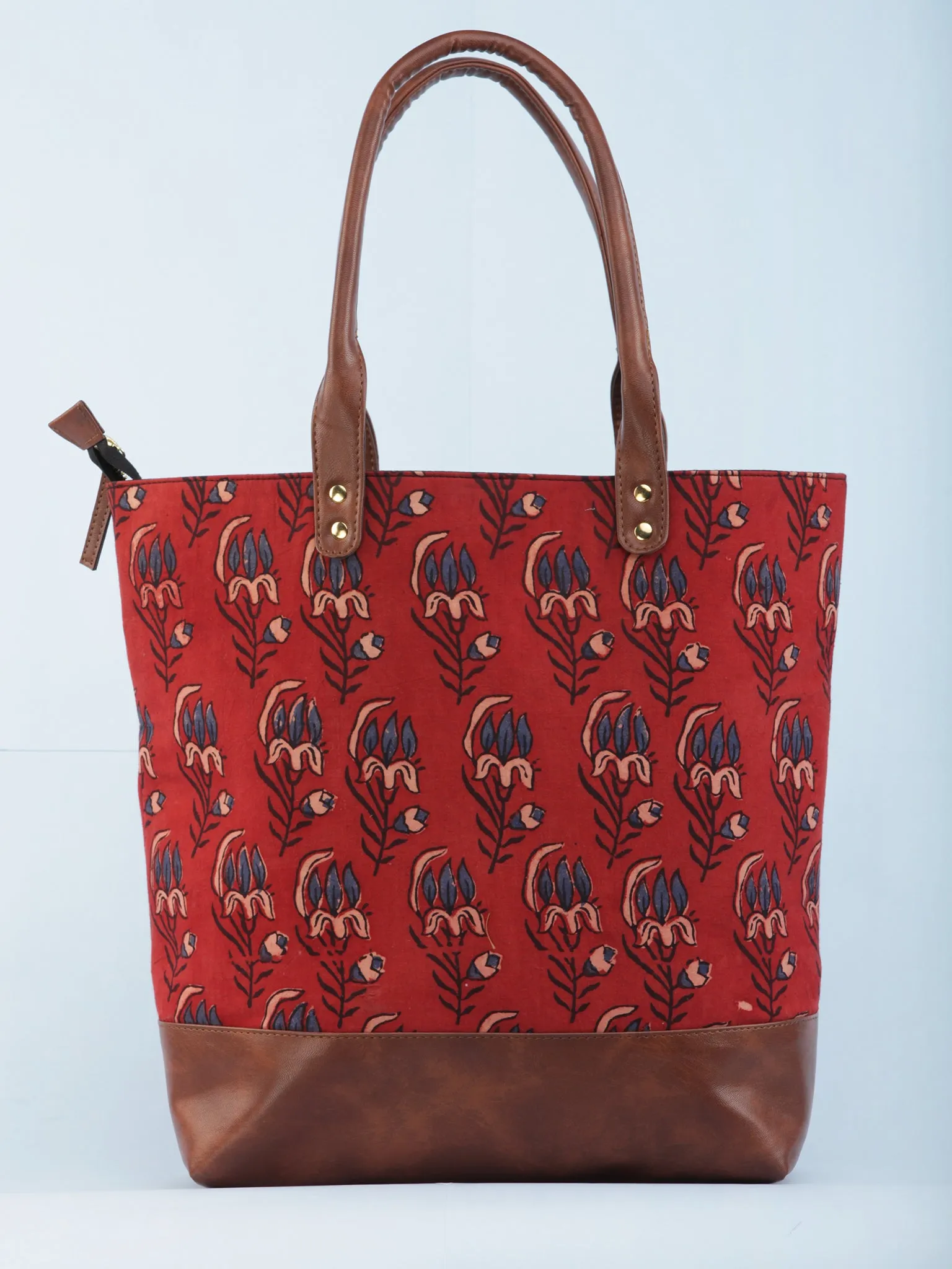 Rust Red Indigo Ajrakh Hand Block Printed & Vegan Leather Tote Bag - B1001