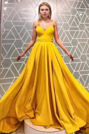 Simple A Line Spaghetti Straps Yellow Prom Dresses, Long Formal Dress UQ2470