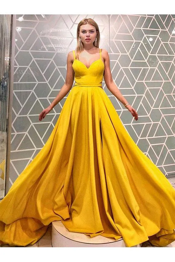 Simple A Line Spaghetti Straps Yellow Prom Dresses, Long Formal Dress UQ2470