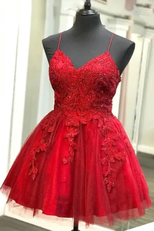 Spaghetti Strap Red Lace Homecoming Dress, Sleeveless Short Prom Dress UQH0081