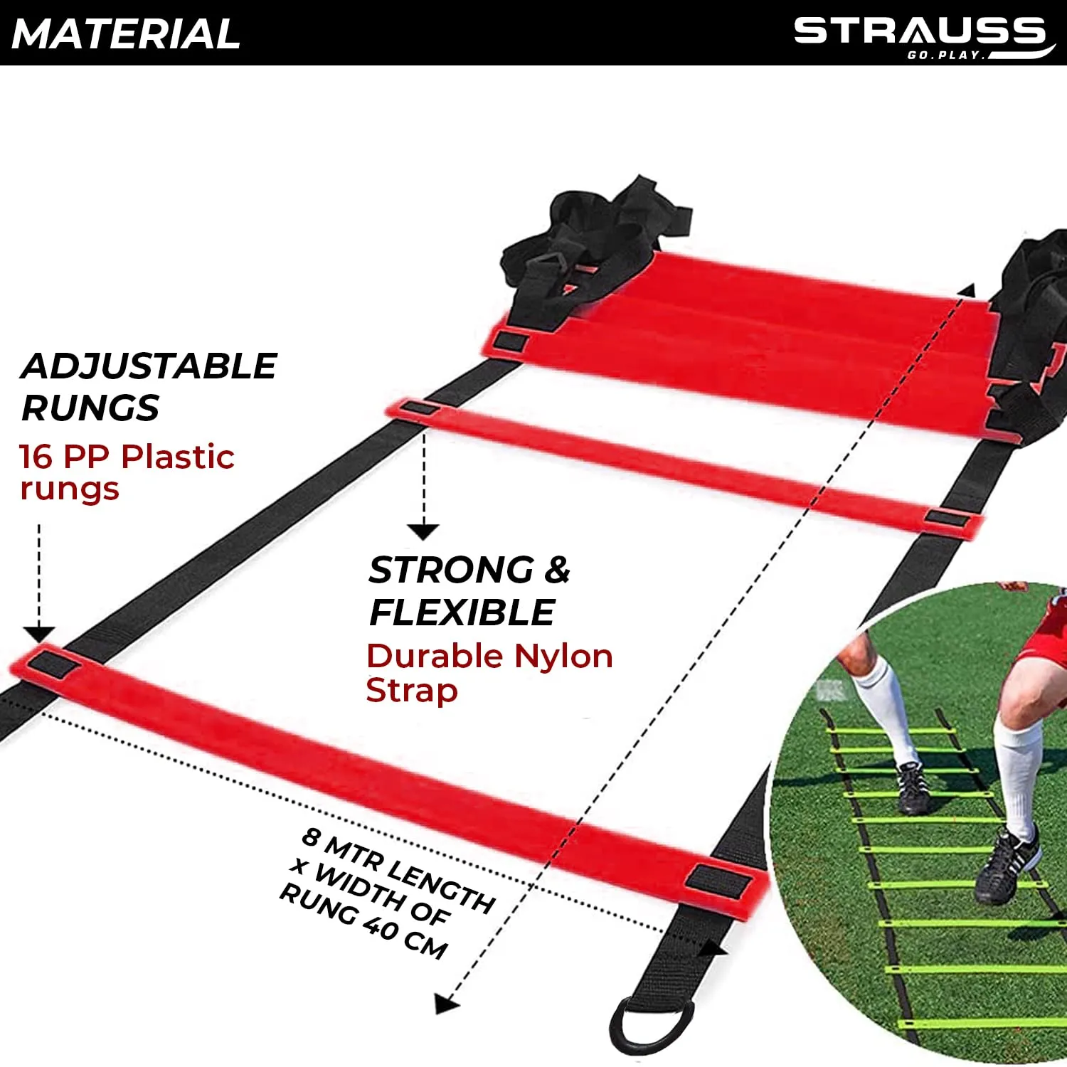 Strauss Agility Ladder | 8M Speed Training Ladder with 16 Adjustable Rungs | Speed Training Ladder for Men and Women | Ideal for Soccer, Football & Sports Training (Red)