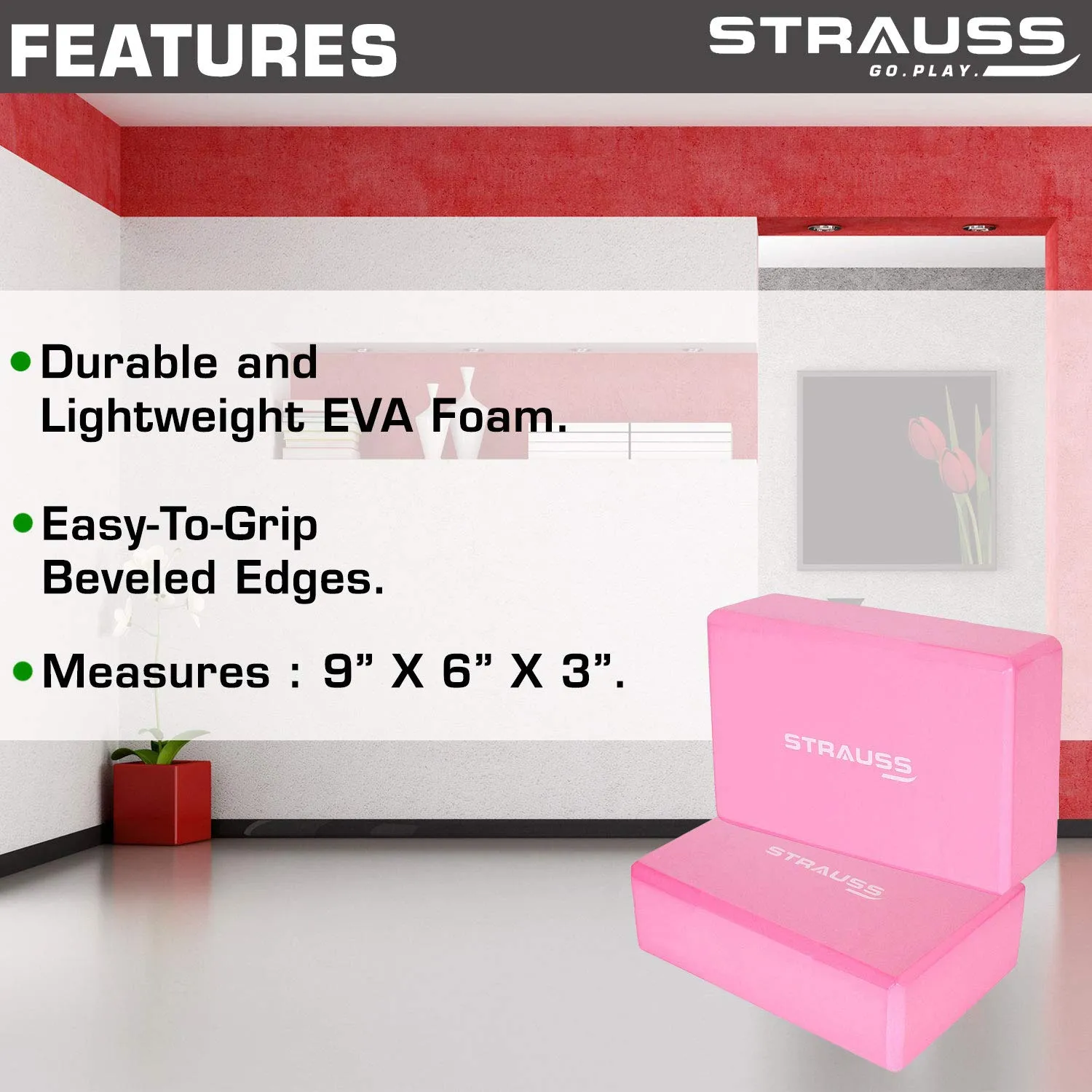 Strauss ST-1442 Grid Foam Roller (Pink), 33 CM and Yoga Block (Pink)