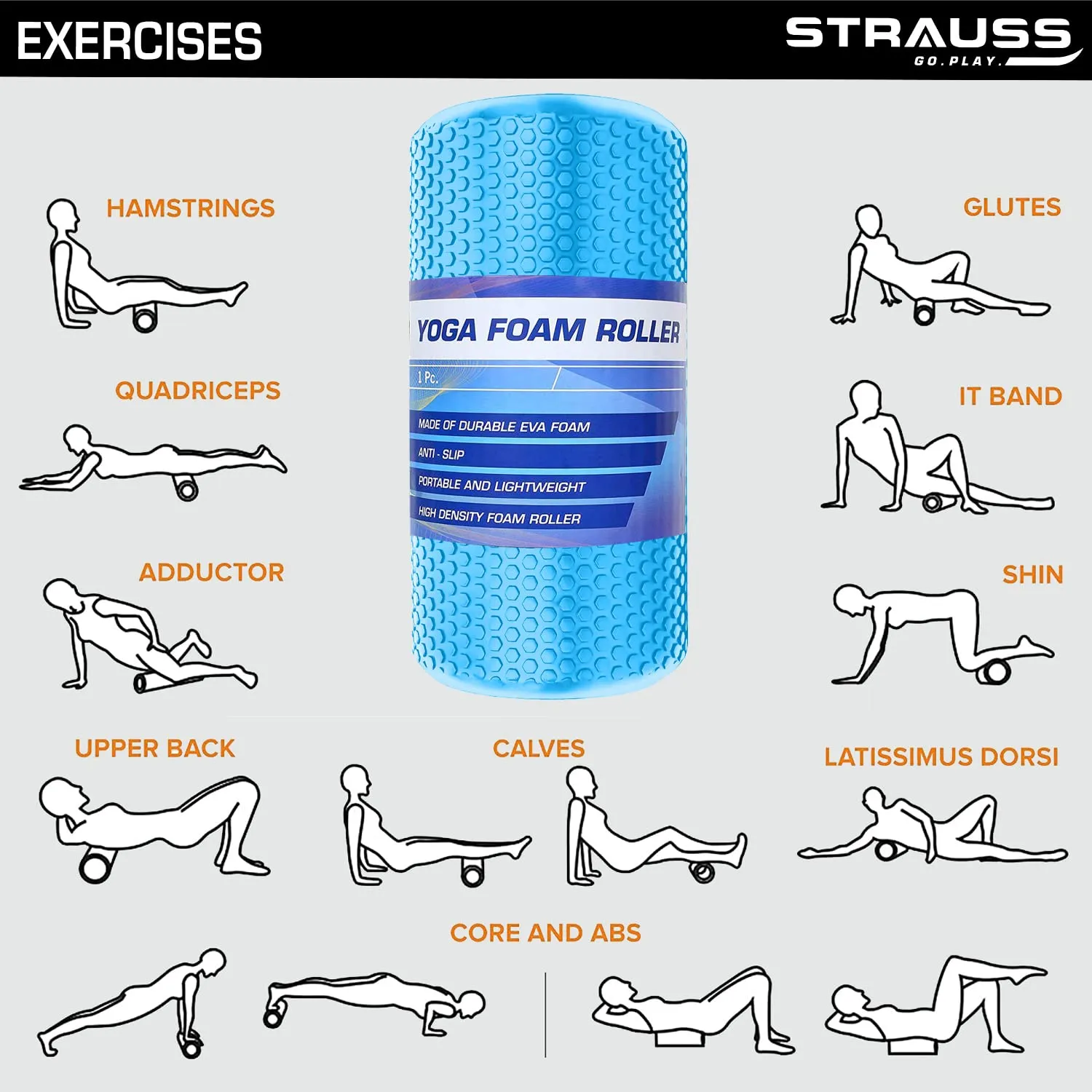 Strauss Yoga Foam Roller | Deep Tissue Massage Roller for Knee Exercise, Muscles Recovery & Physiotherapy | Home Gym Fitness Equipment for Full Body Relaxation and Flexibility | 30cm,(Sky Blue)