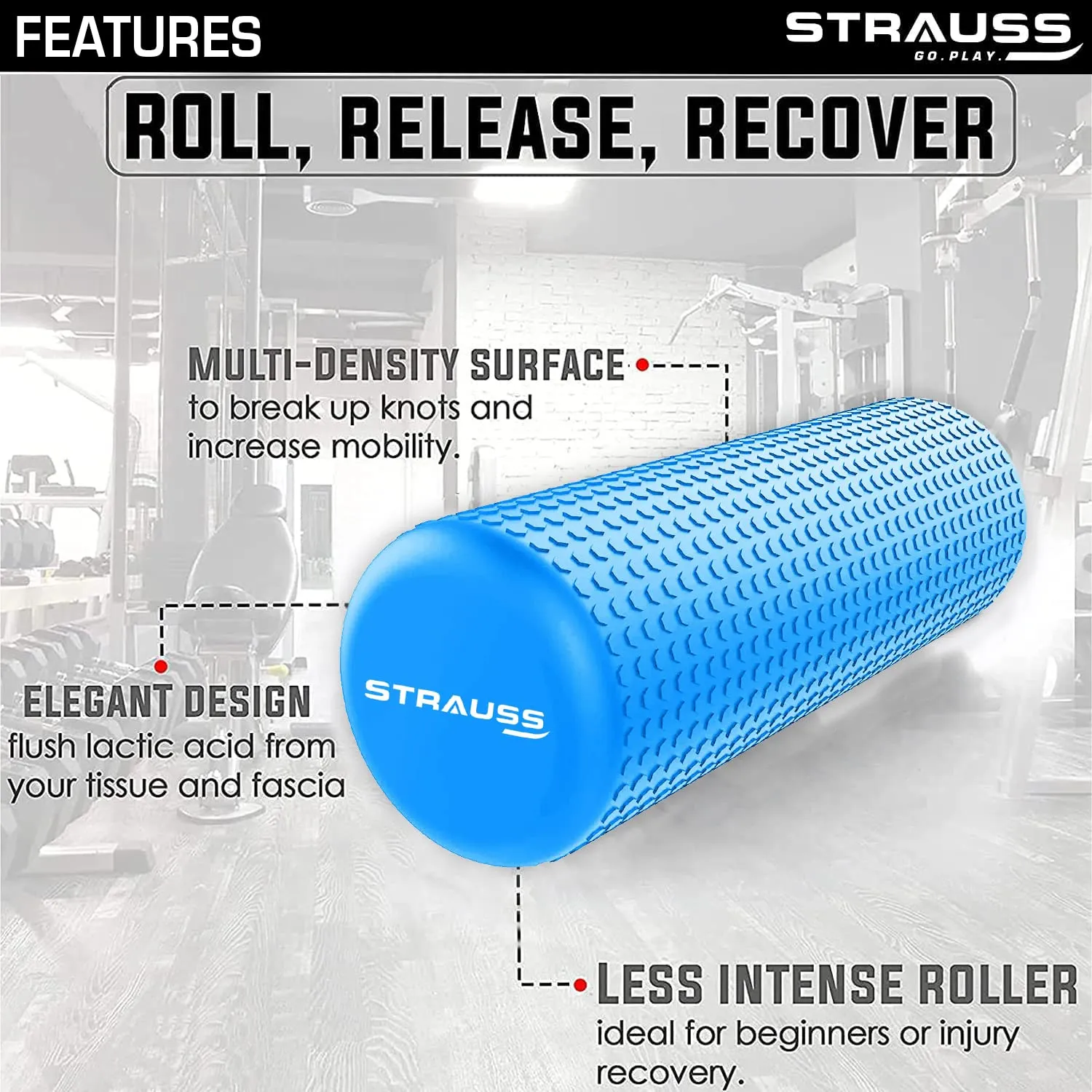 Strauss Yoga Foam Roller | Ideal For Exercise, Muscle Recovery, Physiotherapy, Pain Relief & Myofascial | Deep Tissue Massage Roller 45 Cm, (Blue)