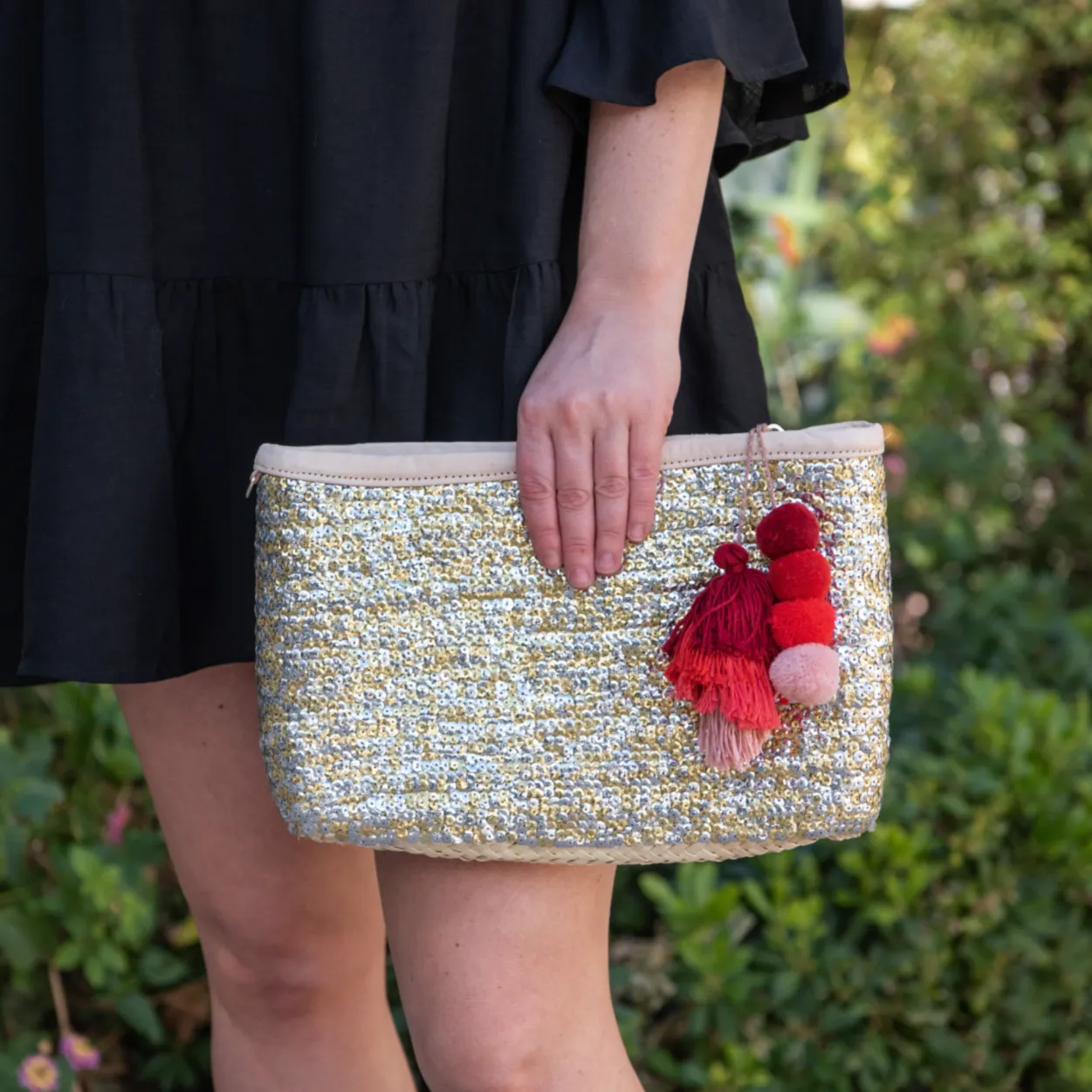 Straw Clutch with Gold and Silver Sequins