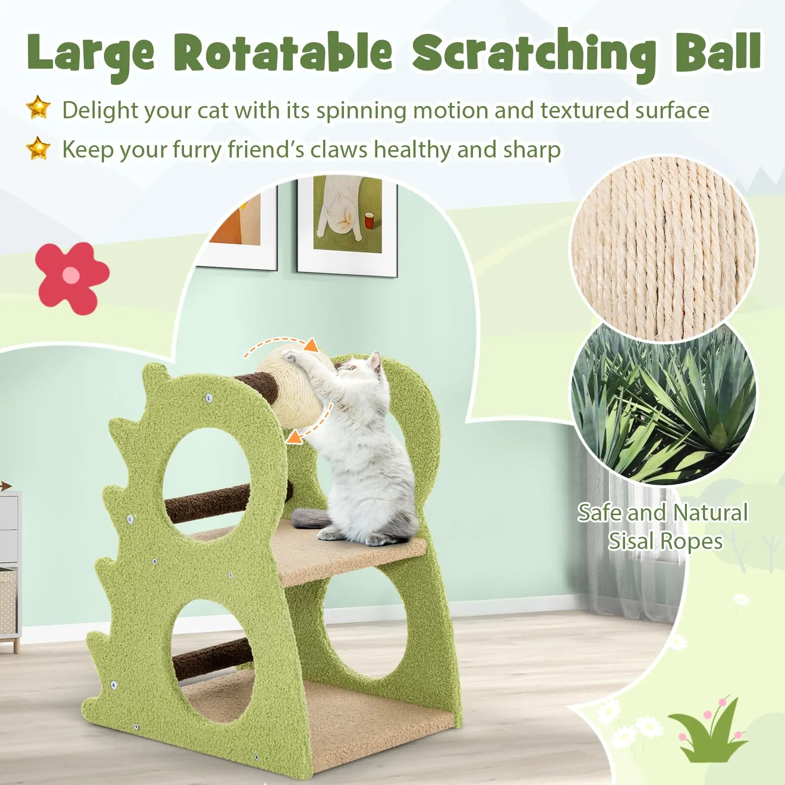 Tangkula Cute Cat Tree, Dinosaur-Shaped Cat Tower with Rotatable Sisal Scratching Ball (Green)