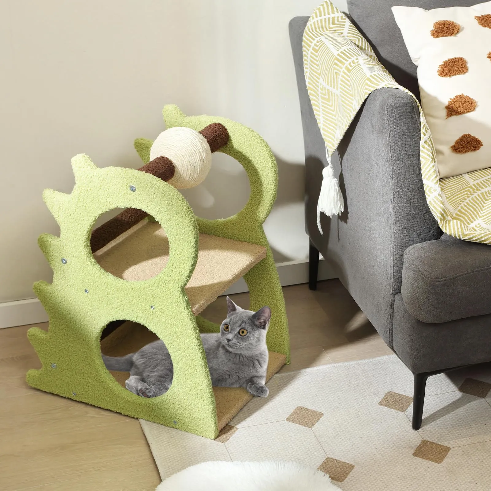 Tangkula Cute Cat Tree, Dinosaur-Shaped Cat Tower with Rotatable Sisal Scratching Ball (Green)