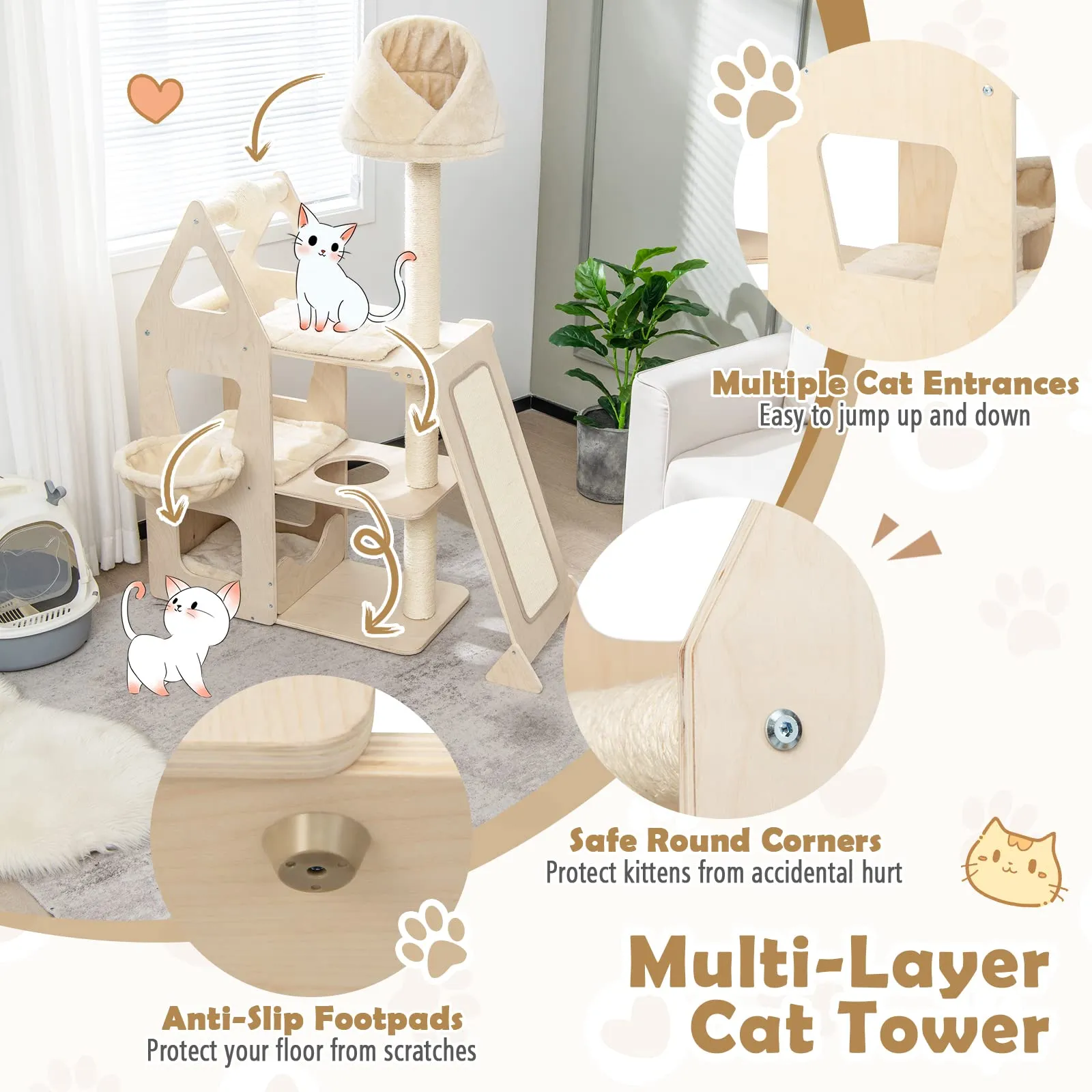 Tangkula Modern Wood Cat Tree for Indoor Cats, 64 Inch Multi-Level Tall Cat Tree with Scratching Rotatable Ball & Posts