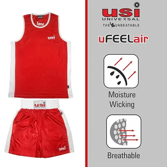 USI Mens Boxing Uniform Short & Vest Set Light Weight Sports Dress for Boxing (RED)